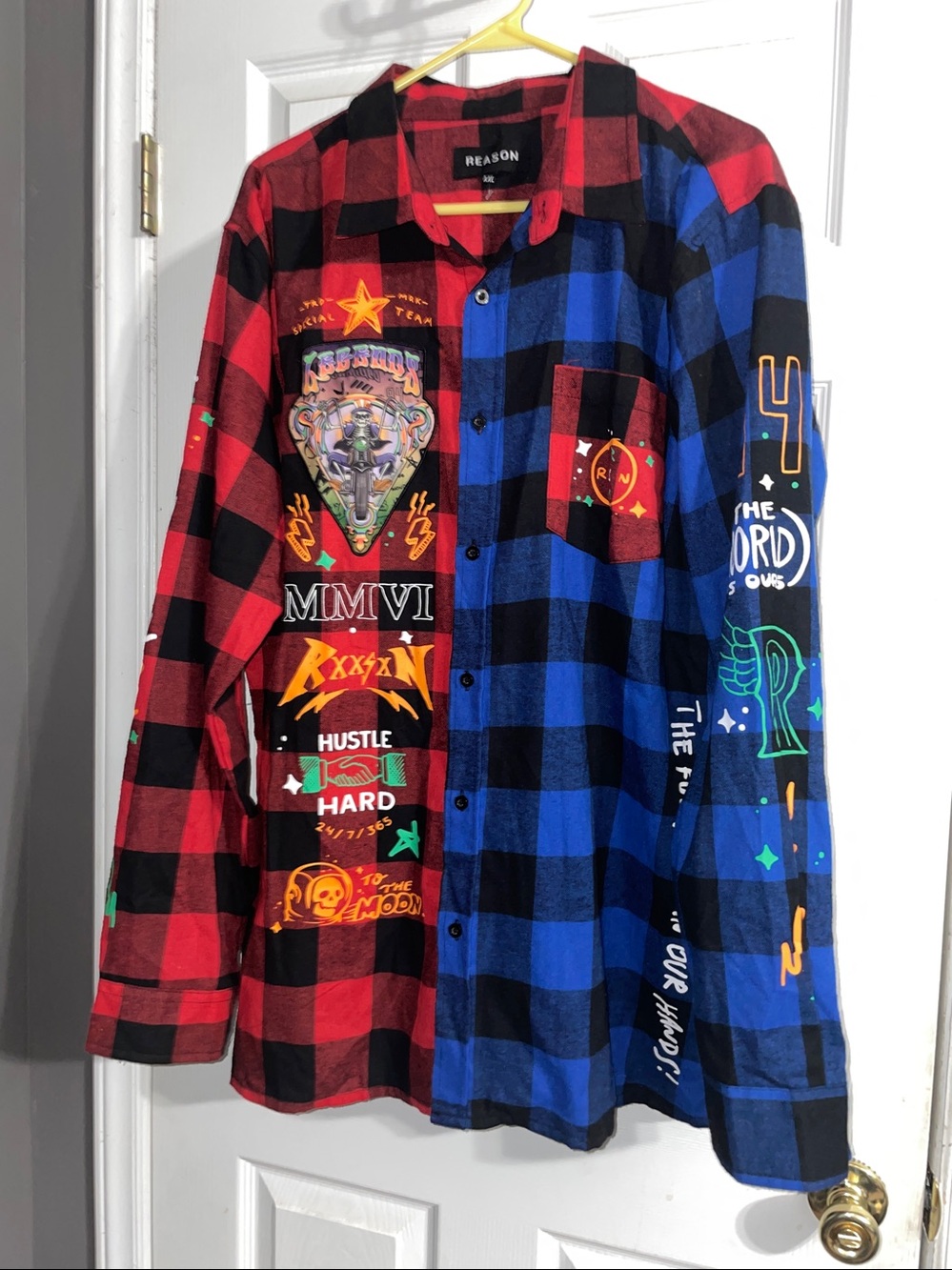 NWOT Reason Shirt Mens XXL Plaid Flannel Legends Graphic Moto Long Sleeve